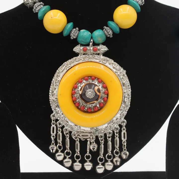 Yellow/Tale Blue/Silver Color Astha Dhatu Mala/Necklace for Women (10") – Spiritual Protection, Emotional Healing & Prosperity