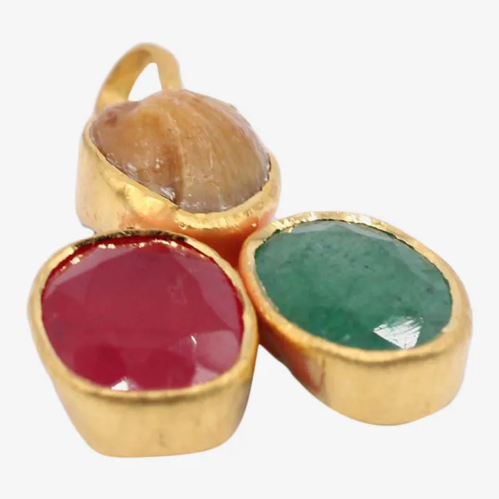 Unisex Red/Green/Golden Color Three Stoned Astha Dhatu Pendant – Protection, Balance & Positive Energy